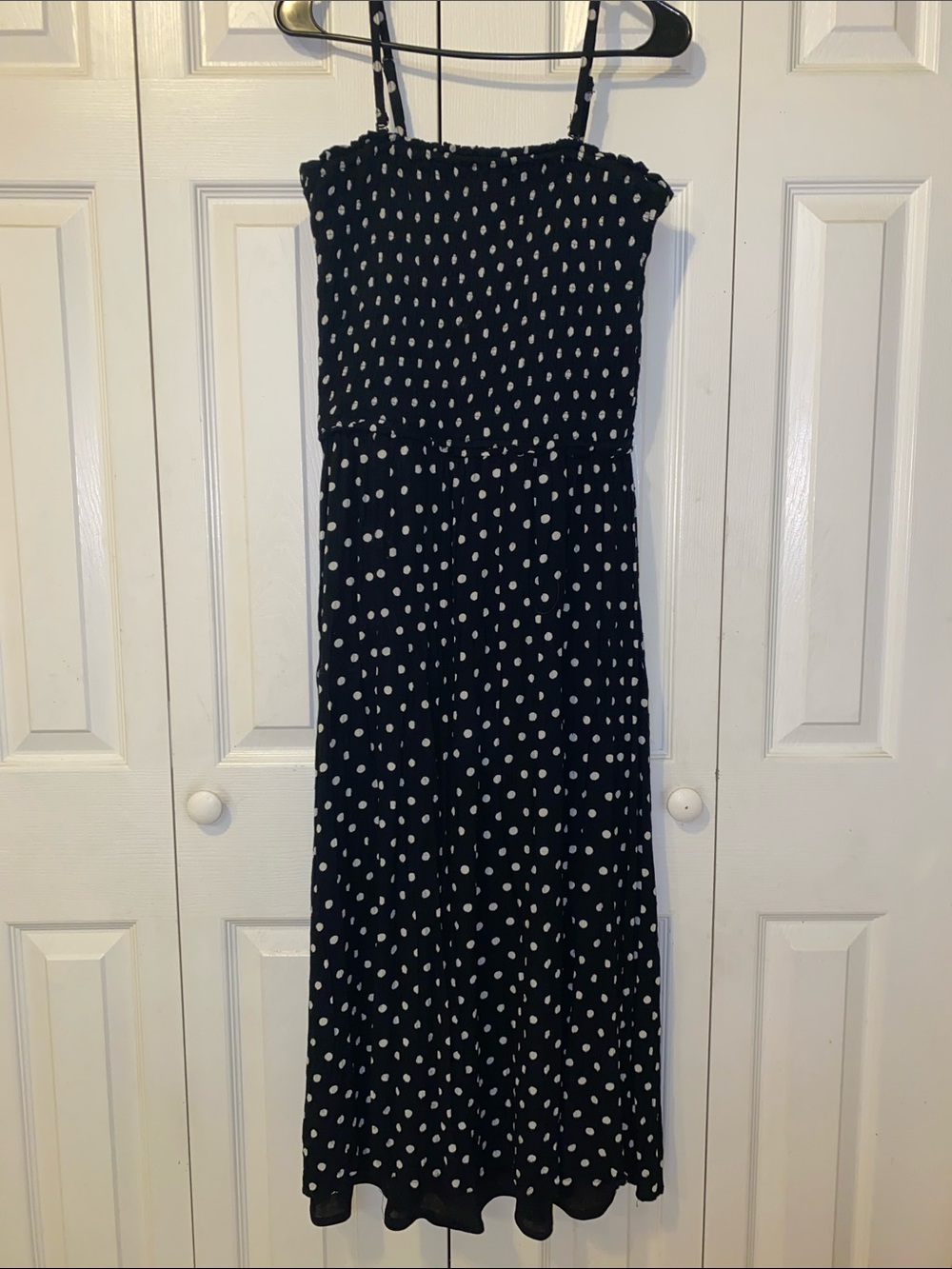 Black Polka Dot Smocked Maxi Dress with Adjustable  and Removable Straps